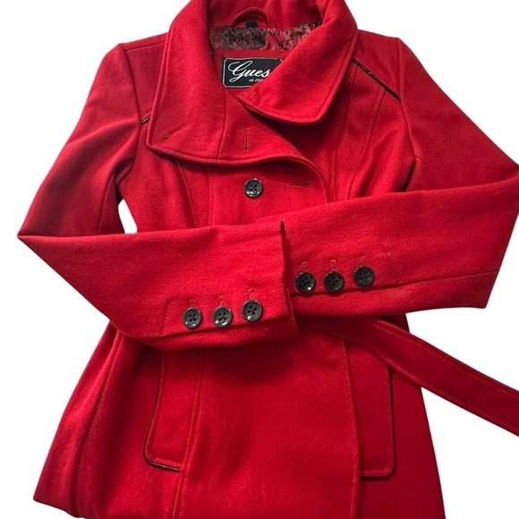 Vtg Y2K Guess Red Wool Blend Peacoat Jacket w/ Belt W Sz SM/M Winter Outerwear - Picture 9 of 16